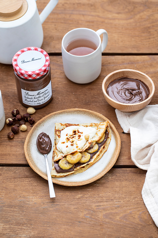 Roasted Banana Crepes with Whipped Cream and Bonne Maman Hazelnut and Chocolate Spread